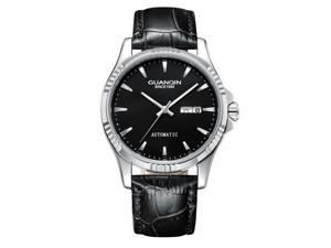 Guanqin Men's Day Date Watches Analog Automatic Self Winding Mechanical Wrist Watch with Stainless Steel Leather Bracelet Black/Black
