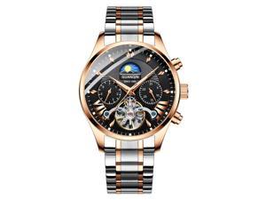 Guanqin Men Calendar Analog Automatic Self Winding Mechanical Skeleton Wrist Watch with Steel Band Moon Phase