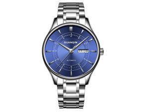 Guanqin Men Calendar Analog Japan Miyoda 8205 Movement Automatic Self Winding Mechanical Wrist Watch with Steel Band Silver/Blue