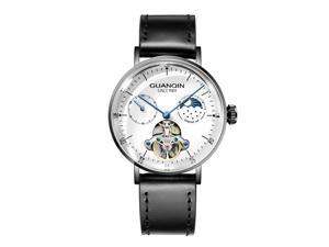 Guanqin Men Analog Automatic Self Winding Mechanical Skeleton Steel Leather Wrist Watch Moon Phase White/Black
