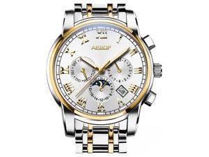AESOP Men Calendar Analog Automatic Self Winding Mechanical Moon Phase Wrist Watch with Steel Bracelet Luminous Gold White