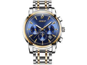 AESOP Men Calendar Analog Automatic Self Winding Mechanical Moon Phase Wrist Watch with Steel Band Luminous Gold/Blue