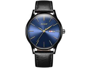 AESOP Men Calendar Analog Automatic Self Winding Mechanical Wrist Watch with Steel Leather Band Blue/Black/Black