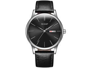 AESOP Men Calendar Analog Automatic Self Winding Mechanical Wrist Watch with Steel Leather Band Silver/Black