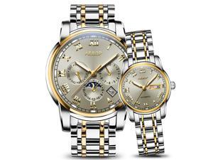 AESOP Men Women Couple Calendar Analog Automatic Self Winding Mechanical Wrist Watch with Steel Bracelet Luminous Grey/Gold
