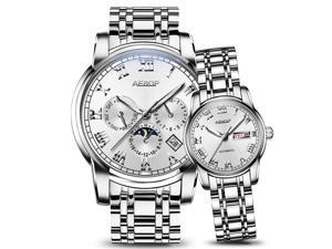 AESOP Men Women Couple Calendar Analog Automatic Self Winding Mechanical Wrist Watch with Steel Bracelet Luminous Silver White