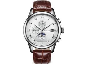 AESOP Men Calendar Analog Automatic Self Winding Mechanical Moon Phase Wrist Watch with Steel Leather Band Brown/Silver