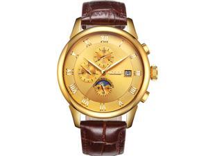 AESOP Men Calendar Analog Automatic Self Winding Mechanical Moon Phase Wrist Watch with Steel Leather Band Gold Brown
