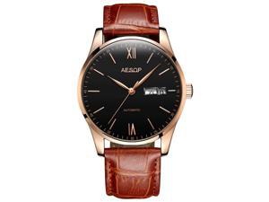 AESOP Men Date Day Analog Automatic Self Winding Mechanical Wrist Watch with Leather Band Gold Black