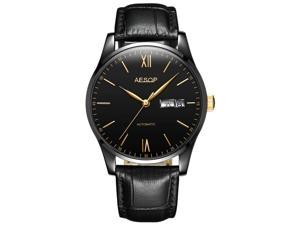 AESOP Men Date Day Analog Automatic Self Winding Mechanical Wrist Watch with Leather Band Black