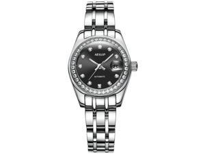 AESOP Women Men Couple Calendar Analog Automatic Self Winding Mechanical Wrist Watch Set with Steel Band Silver/Silver/Black