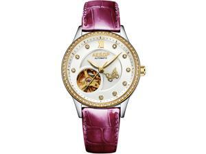 AESOP Women Skeleton Analog Automatic Self Winding Mechanical Wrist Watch with Leather Band Luminous Waterproof Purple