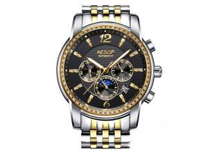 AESOP Men Date Analog Automatic Self Winding Mechanical Moon Phase Wrist Watch with Steel Bracelet Luminous Gold Black