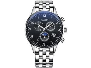AESOP Men Day Date Analog Automatic Self Winding Mechanical Moon Phase Wrist Watch with Steel Leather Band Silver Black