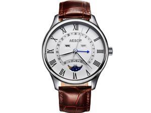 AESOP Men Day Date Analog Quartz Moon Phase Wrist Watch with Steel Leather Band Brown/Silver