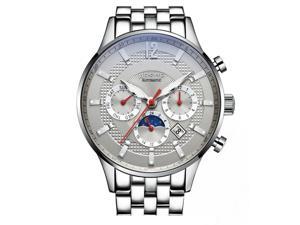 AESOP Men Day Date Analog Automatic Self Winding Mechanical Moon Phase Wrist Watch with Steel Band Luminous Silver/Grey