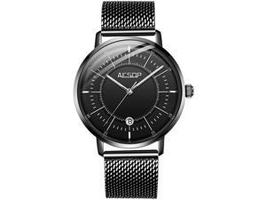 AESOP Men Date Analog Automatic Self Winding Mechanical Wrist Watch with Milanese Band Luminous Black