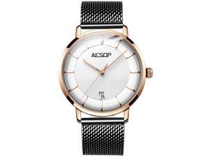 AESOP Men Date Analog Automatic Self Winding Mechanical Wrist Watch with Milanese Leather Band Luminous