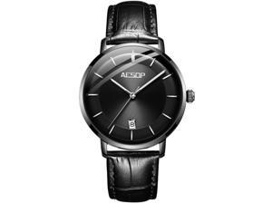 AESOP Men Date Analog Automatic Self Winding Mechanical Wrist Watch with Milanese Leather Band Luminous Black/Black