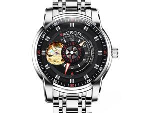 AESOP Men Skeleton Analog Automatic Self Winding Mechanical Wrist Watch with Steel Band Luminous Silver/Black