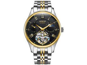 AESOP Men Month Analog Automatic Self Winding Mechanical Moon Phase Wrist Watch with Steel Band Luminous Gold Black
