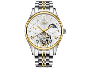 AESOP Men Month Analog Automatic Self Winding Mechanical Moon Phase Wrist Watch with Steel Band Luminous Gold White