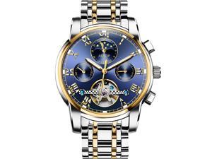 AESOP Men Skeleton Day Date Analog Automatic Self Winding Mechanical Moon Phase Wrist Watch with Steel Bracelet Luminous Gold/Blue