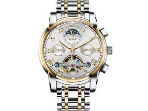 AESOP Men Skeleton Day Date Analog Automatic Self Winding Mechanical Moon Phase Wrist Watch with Steel Bracelet Luminous Gold White