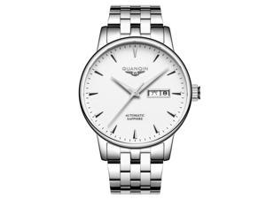 Guanqin Men Analog Fashion Automatic Self-Winding Mechanical Stainless Steel Leather Wrist Watch Date Luminous Silver White