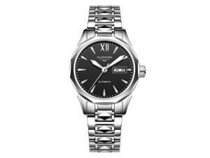 Guanqin Women Automatic Self Winding Luminous Wrist Watch with Scratch-Resistant Sapphire Crystal Lens Tungsten Steel Band Silver Black