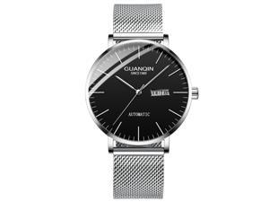 Guanqin Men Analog Fashion Simpale Design Japan Miyoda 8205 Movement Automatic Self-Winding Mechanical Stainless Steel Leather Wrist Watch Day Date Silver Black