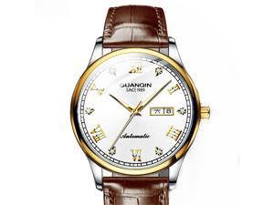 GUANQIN Men Analog Fashion Rhinestone Automatic Self-Winding Mechanical Stainless Steel Band Business Wrist Watch Luminous Gold/White