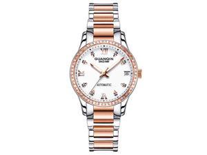 GUANQIN Fashion Women Rhinestone Automatic Self Winding Luminous Date Wrist Watch with Stainless Steel Band Rose Gold White