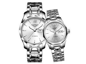 GUANQIN Women Men Couple Automatic Self Winding Luminous Wrist Watch Set with Sapphire Crystal Lens Tungsten Steel Band Silver White