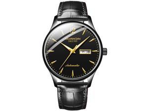 GUANQIN Men Analog Fashion Business Automatic Self-Winding Mechanical Stainless Steel/Leather Band Wrist Watch Date Luminous Black/Black