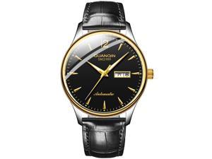 GUANQIN Men Analog Fashion Business Automatic Self-Winding Mechanical Stainless Steel/Leather Band Wrist Watch Date Luminous Gold Black