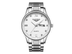 GUANQIN Men Quartz Fashion Business Rhinestone Luminous Calendar Wrist Watch with Analog Display and Stainless Steel Band Silver White