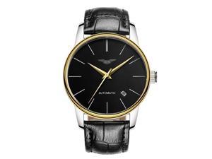 Guanqin Men Analog Business Japanese Automatic Self-Winding Mechanical Steel/Leather Wrist Watch Date Gold/Black