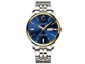Guanqin Men Day Date Luminous Analog Japanese Automatic Self Winding Mechanical Wrist Watch with Stainless Steel Bracelet Gold/Blue