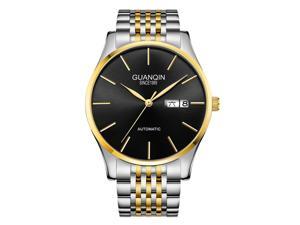 GUANQIN Men Analog Automatic Self-Winding Mechanical Stainless Steel Band Business Wrist Watch Day Date Gold Black