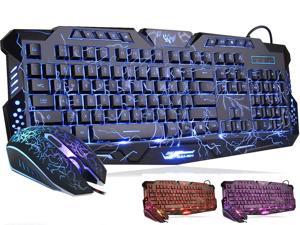 Mannajue Wired Gaming Keyboard and Mouse Combo Tri-color Backlit Gaming Keyboard with Multimedia Keys and RGB Backlit Gaming Mouse for Windows PC Gamers (Black)