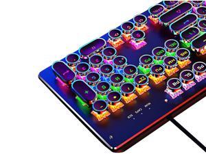 Mannajue Mechanical Light Up Keyboard with LED Backlit, Typewriter Style Gaming Keyboard with 104-Key Blue Switch Round Keycaps, Retro Steampunk Keyboard Metal Panel with Wired USB for PC/Mac/Laptop