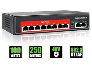 AI PoE Switch (8 POE Ports +2 Uplink), 802.3af/at PoE+ 100Mbps, 100W Built-in Power, Extend to 250Meter,Unmanaged Metal Plug and Play