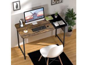 Computer Desk with Storage Bag, Wood Home Office Desk Industrial Student Study Writing Desk with Splice Board, Modern Work Desk for Bedroom, Rustic Brown and Black
