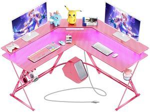 Gaming Desk 50.4” with LED Strip & Power Outlets, L-Shaped Computer Corner Desk Carbon Fiber Surface with Monitor Stand, Ergonomic Gamer Table with Cup Holder, Headphone Hook, Pink