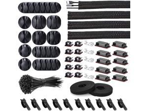 152 pcs Cord Management Organizer Kit 4 Cable Sleeve split with 41Self Adhesive Cable Clips Holder, 10pcs and 2 Roll Self Adhesive tie and 100 Fastening Cable Ties for TV Office Home Electronics etc