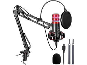 USB Gaming Condenser Microphone for PC PS4, PS5 Computer Streaming Podcast Studio, Cardioid Gaming Mic Kit for Recording YouTube with Boom Arm Stand Pop Filter, Mute Button, Volume, Echo, Red
