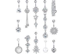 14G Belly Button Rings Dangle 316L Stainless Steel Belly Rings for Women Navel Piercing Jewelry 12 Pcs