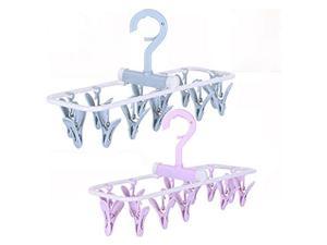 Clothes Drying Racks Small Folding Portable Underwear Hangers Hanging Drying Rack with Clips Small Hanger 2 Pack 12 Clips 360° Rotatable Hook (1Blue+1Purple)