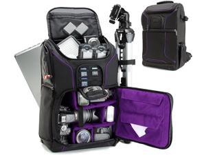 USA GEAR DSLR Camera Backpack Case - 15.6 inch Laptop Compartment Padded Custom Dividers Tripod Holder Rain Cover Long-Lasting Durability and Storage Pockets - Compatible with Many DSLRs (Purple)